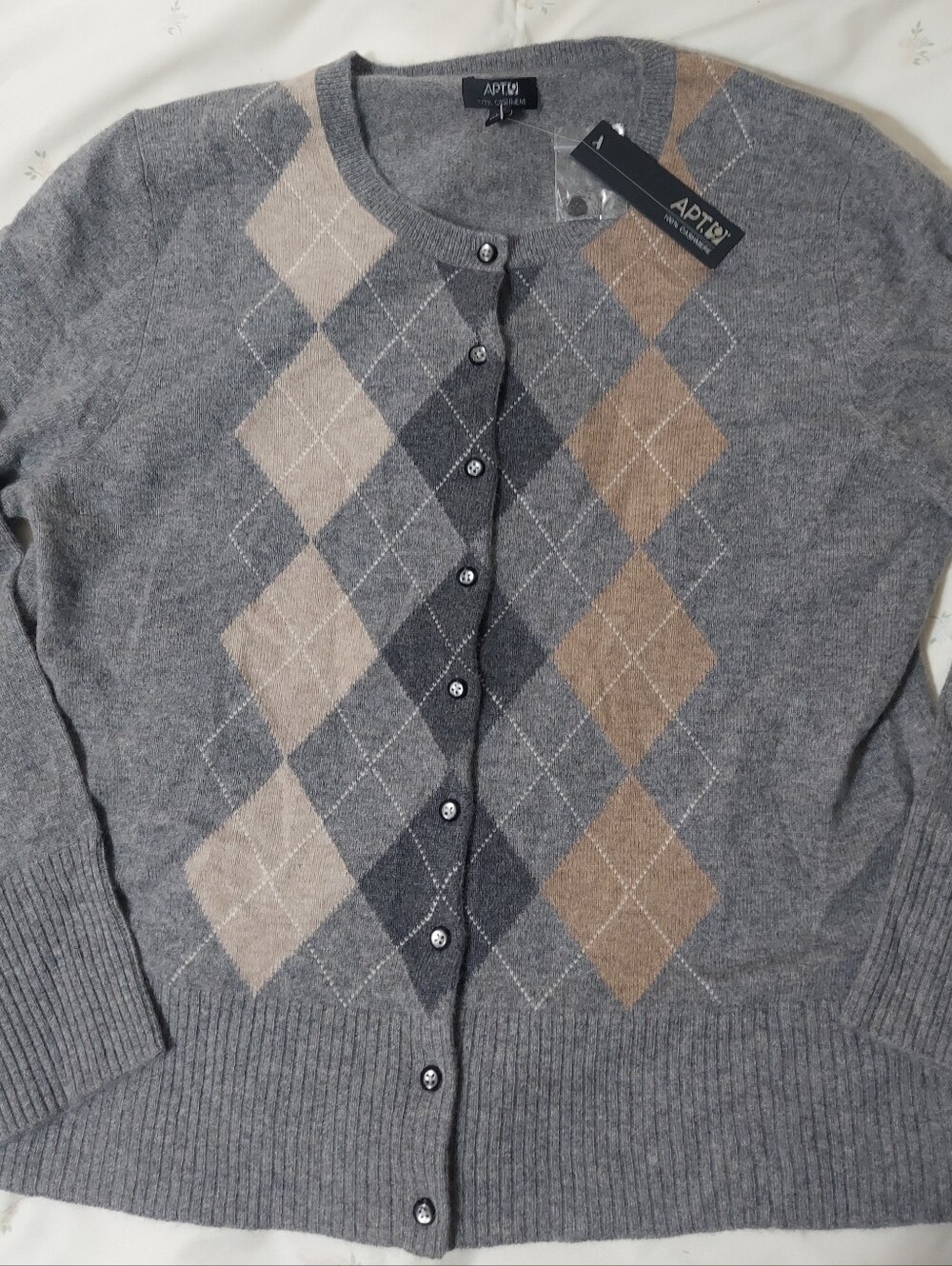 Apt. 9 Gray Cashmere Cardigan with Tan and Cream Argyle Women"s XL NWT